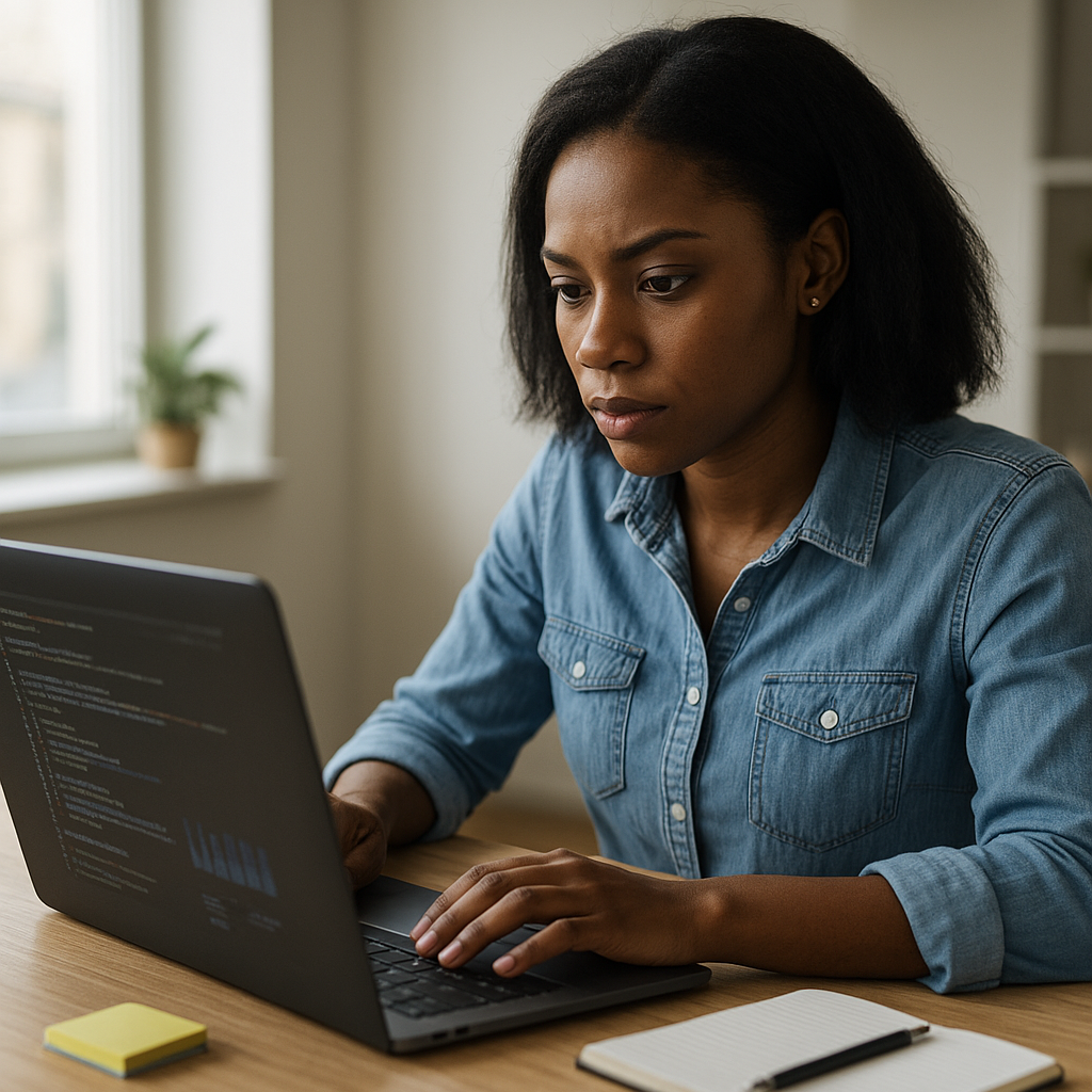 A technology professional studies code and data on a laptop in a bright workspace.